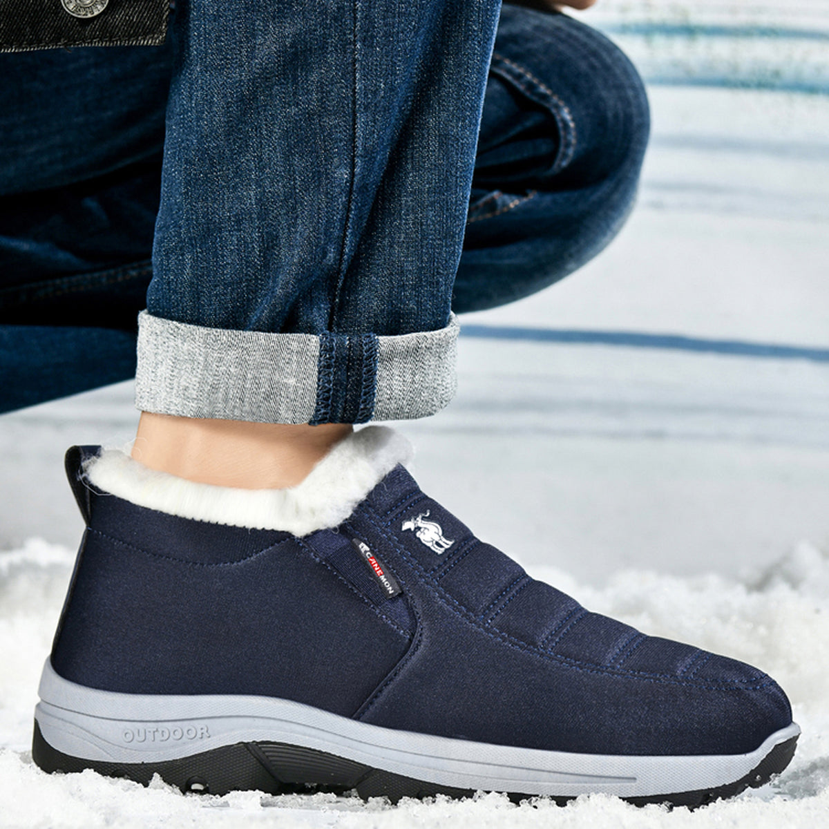 CANEMON 2139 navy fleece-lined slip-on winter shoe detail