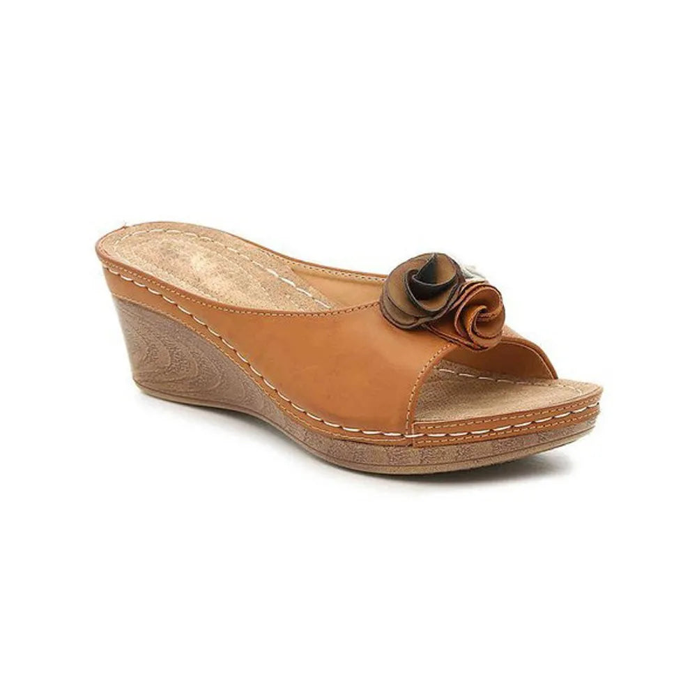 Women‘s Comfy Leather Solid Flower Wedge Sandals