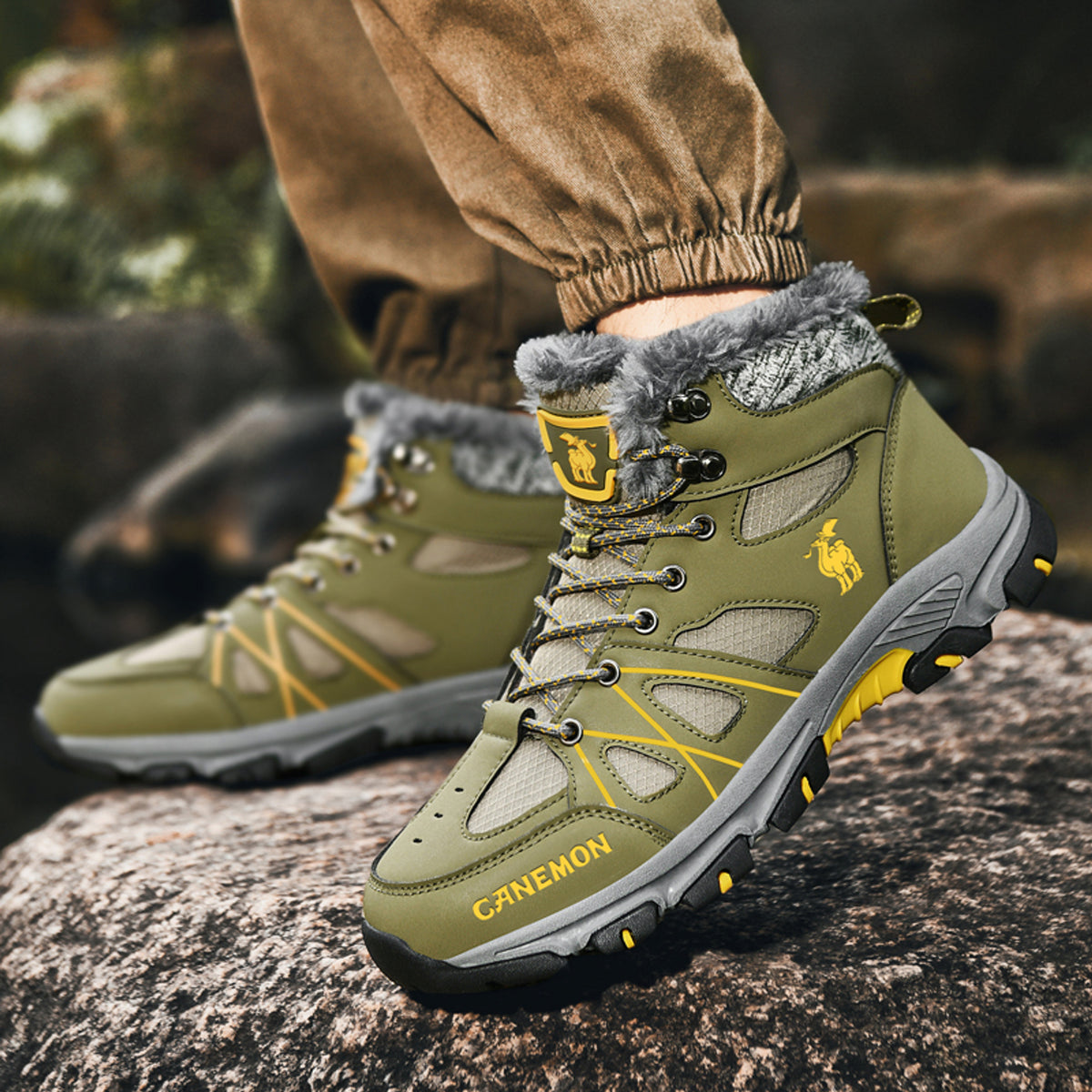 CANEMON 935 olive fleece-lined lace-up ankle boots - onfoot view
