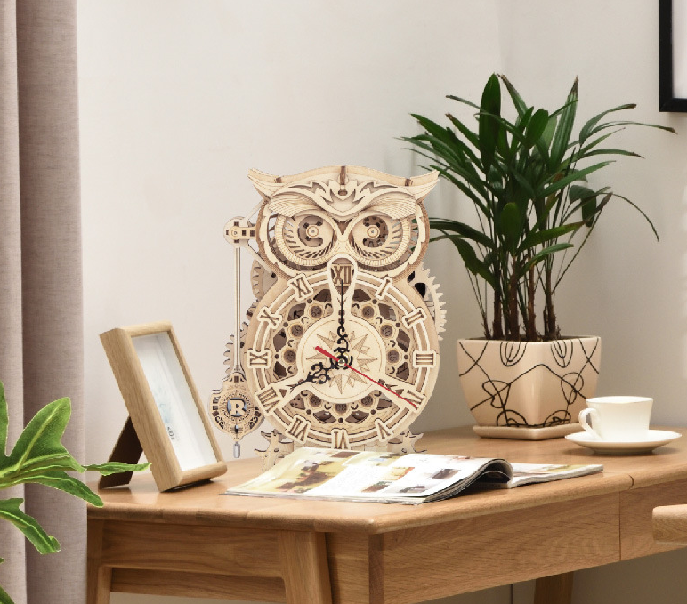 Wooden DIY 3D Puzzle Mechanical Gear Owl Clock