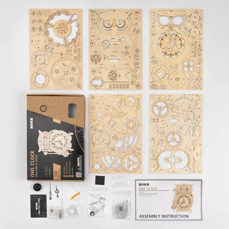 Wooden DIY 3D Puzzle Mechanical Gear Owl Clock