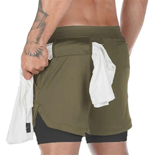 Mens 3 in 1 Workout Shorts - Quick Dry with Phone & Towel Holder