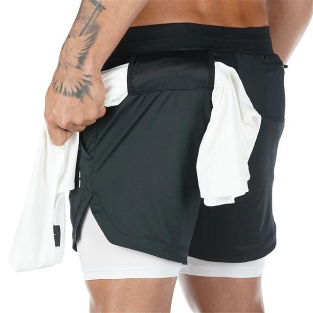 Mens 3 in 1 Workout Shorts - Quick Dry with Phone & Towel Holder