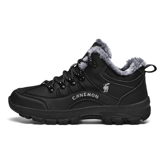 Black men's fleece-lined lace-up winter ankle boot shown for a winter boot fit guide