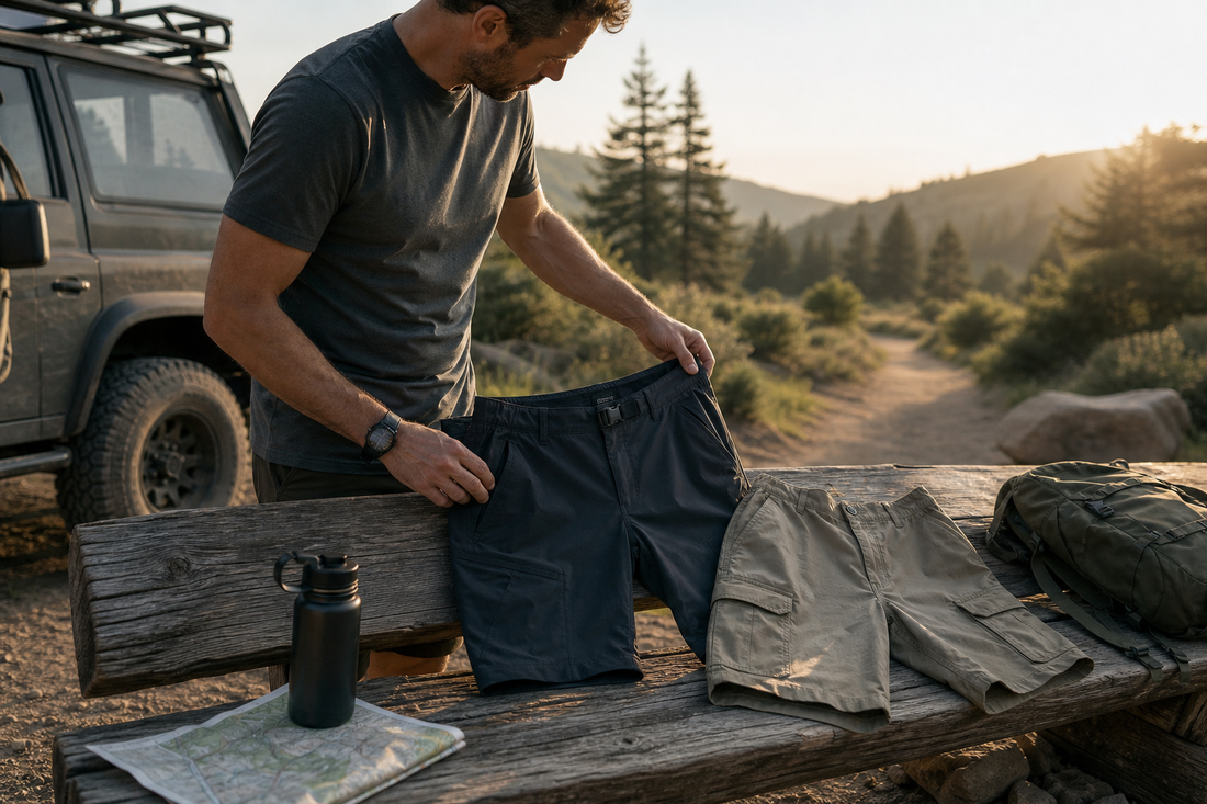 Man choosing between tactical shorts and cargo shorts at a sunrise trailhead