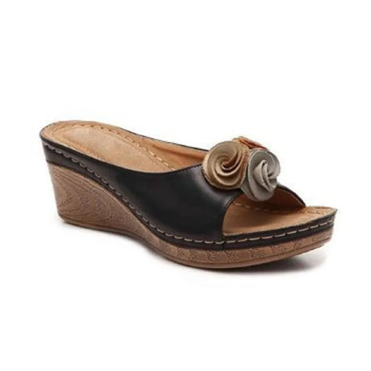 Women‘s Comfy Leather Solid Flower Wedge Sandals