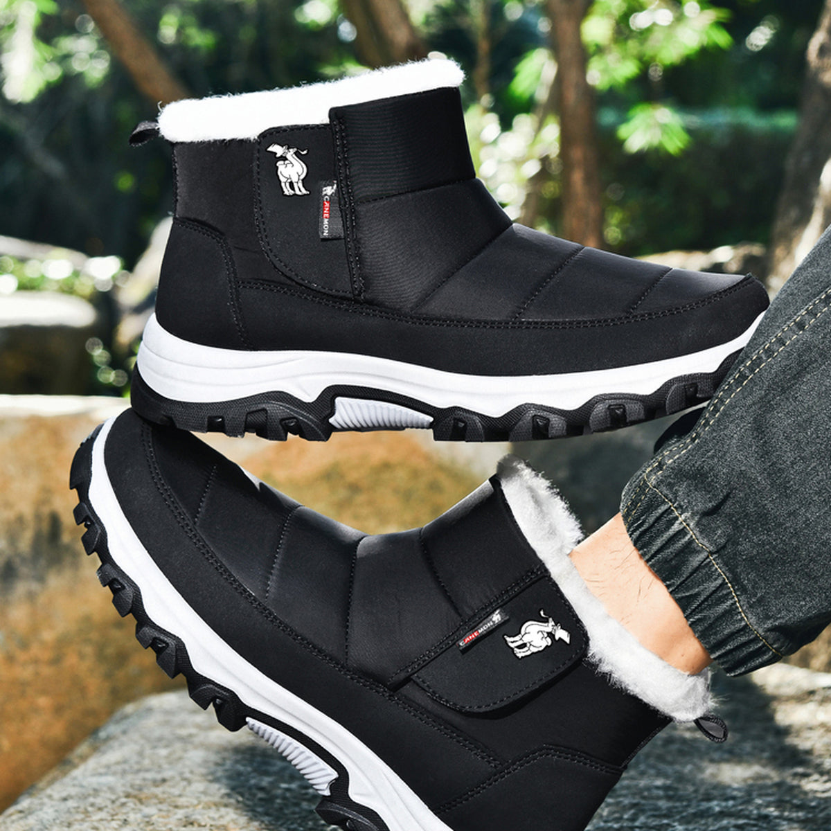 CANEMON 2135 black fleece-lined ankle boots paired view