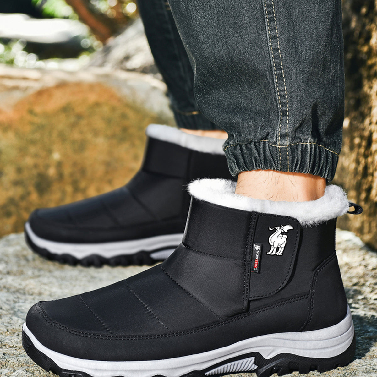 CANEMON 2135 black pull-on ankle boots worn side view