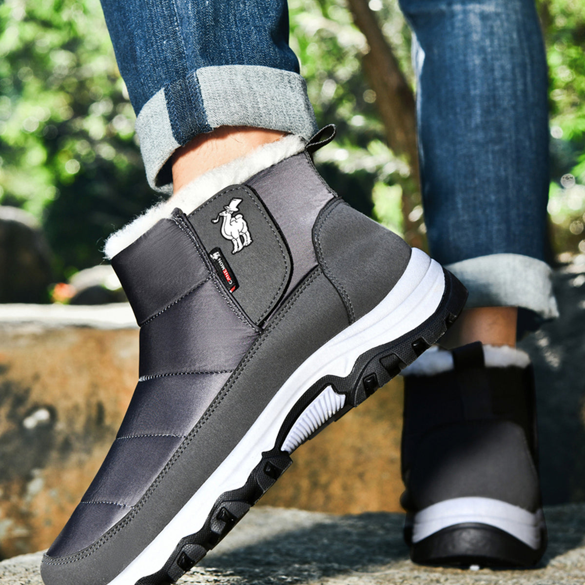 CANEMON 2135 gray fleece-lined ankle boot worn side view