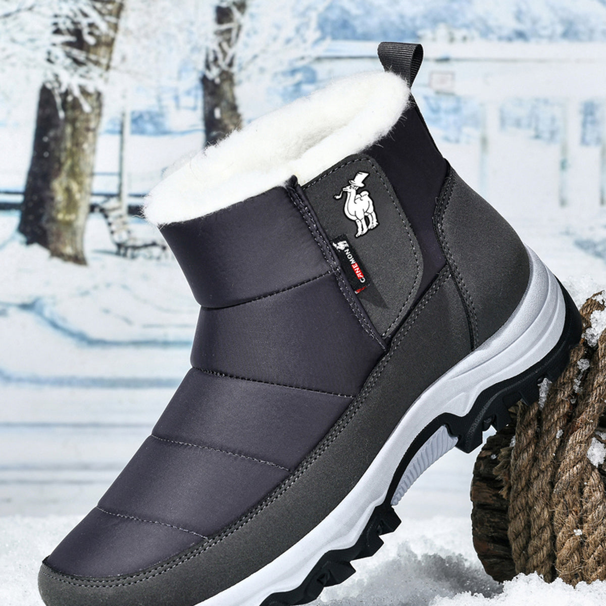 CANEMON 2135 gray fleece-lined ankle boot in snow setting