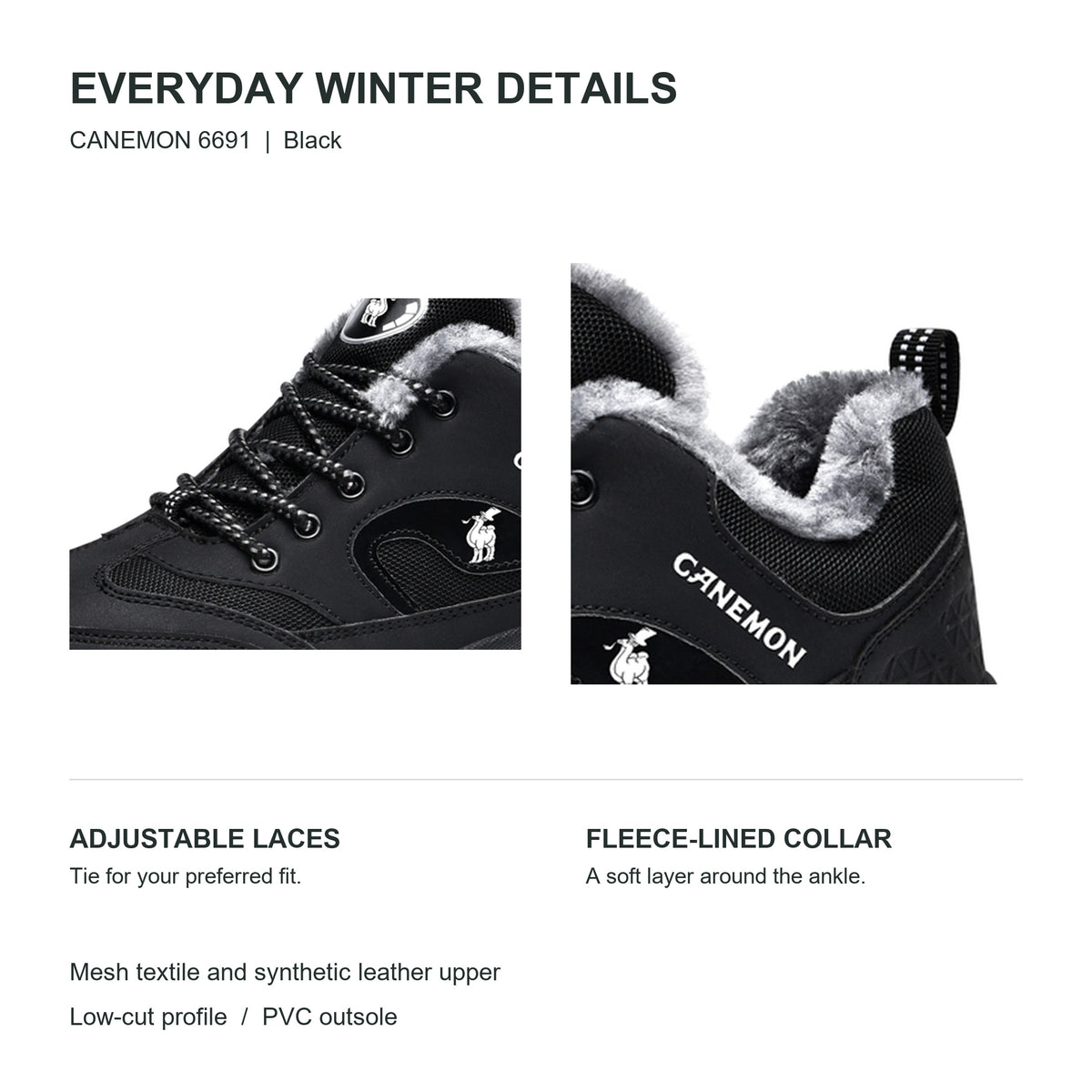 CANEMON Men's Fleece-Lined Winter Walking Shoes 6691 in Black, view 7