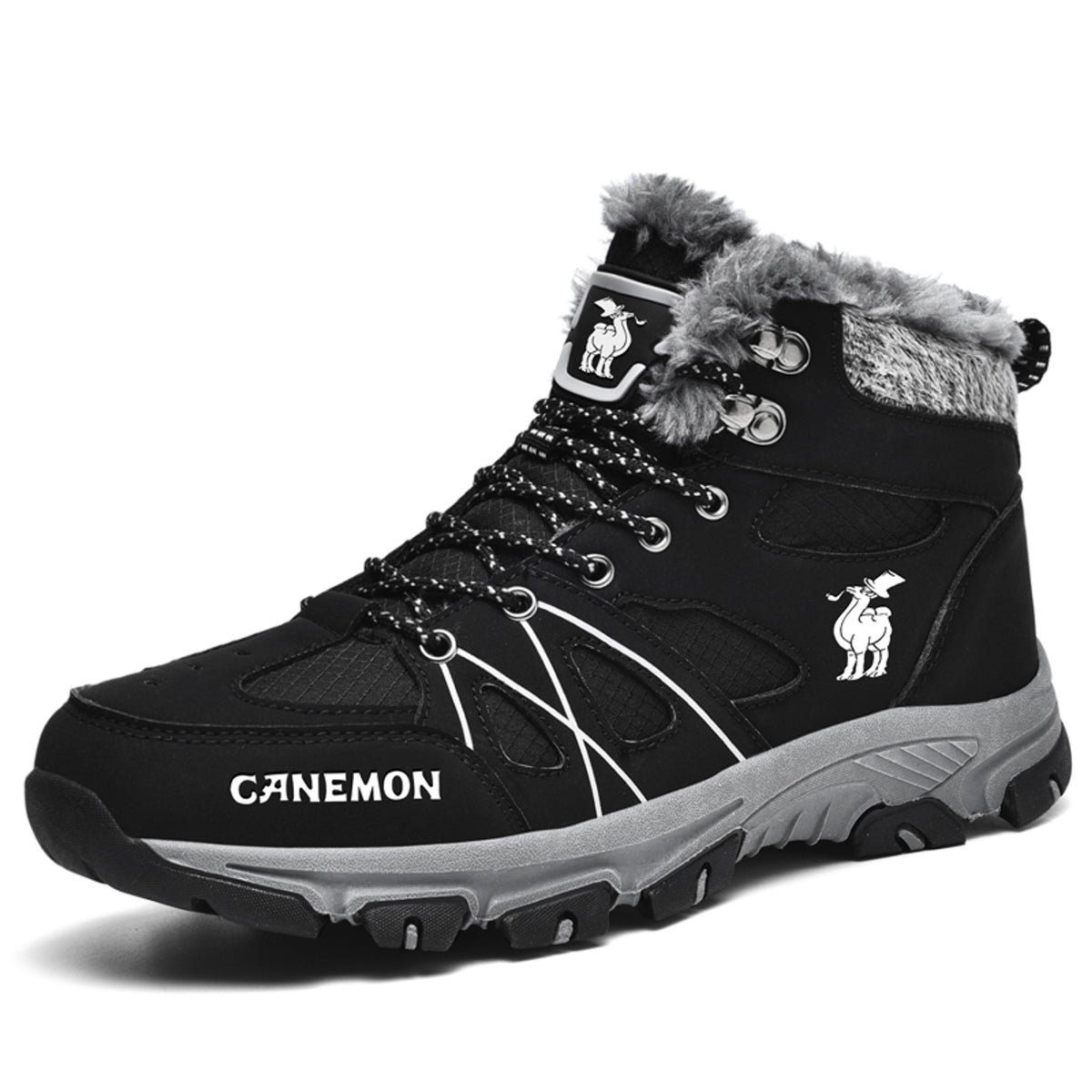 CANEMON 935 black fleece-lined lace-up ankle boots - angle view