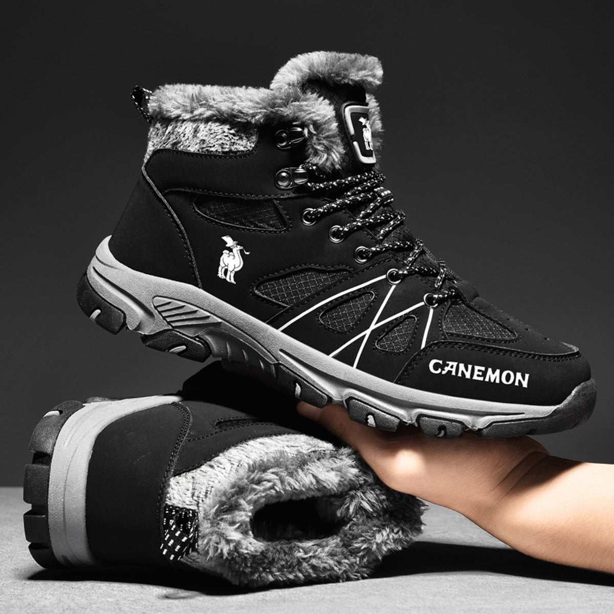CANEMON 935 black fleece-lined lace-up ankle boots - lining view