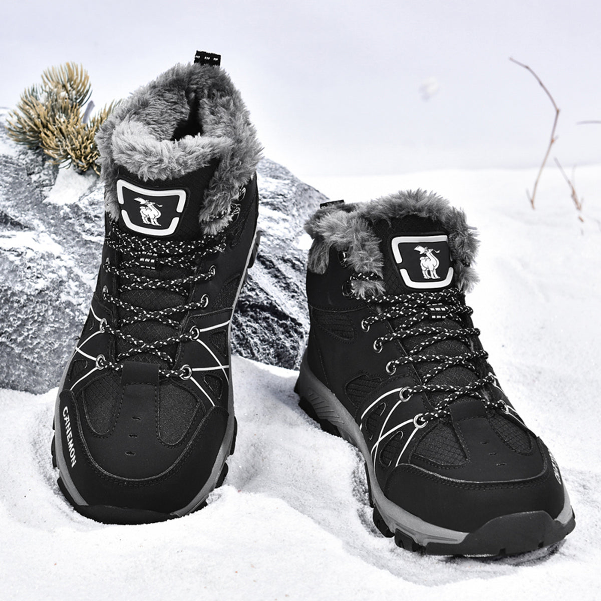 CANEMON 935 black fleece-lined lace-up ankle boots - pair view
