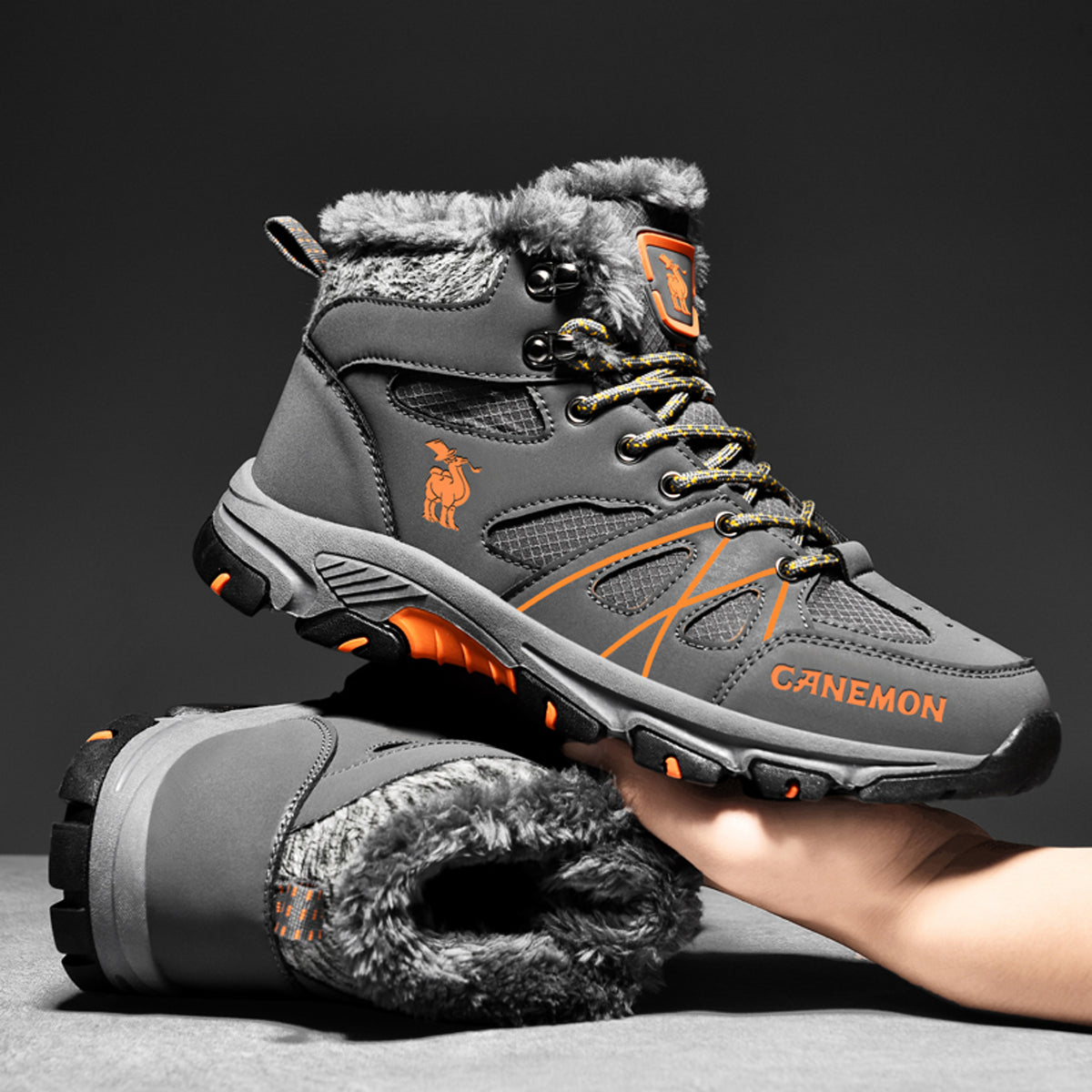 CANEMON 935 gray fleece-lined lace-up ankle boots - lining view