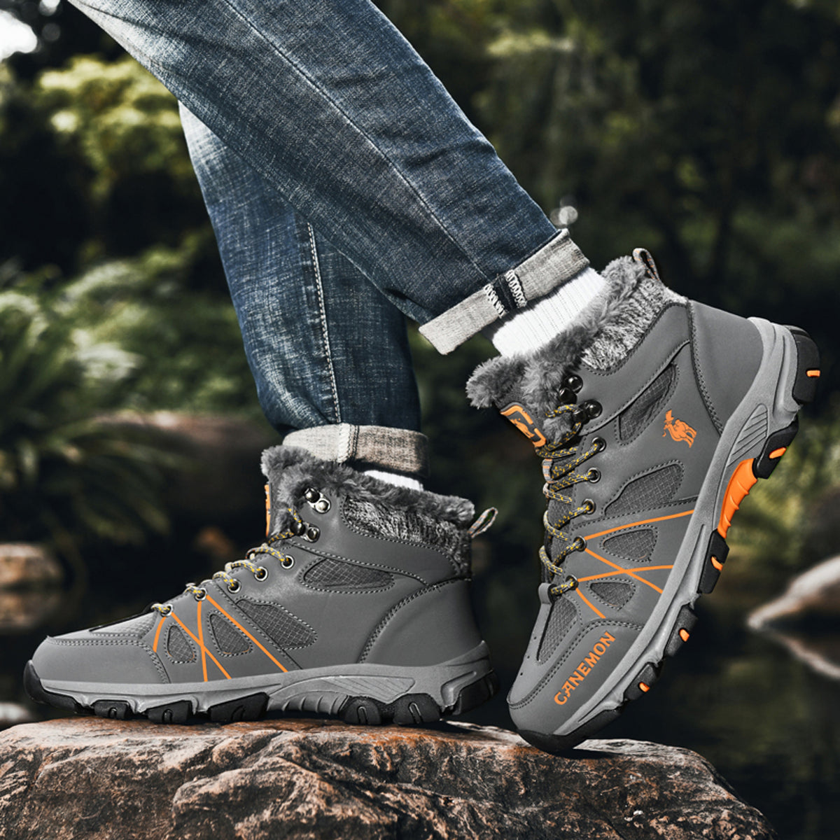 CANEMON 935 gray fleece-lined lace-up ankle boots - onfoot view