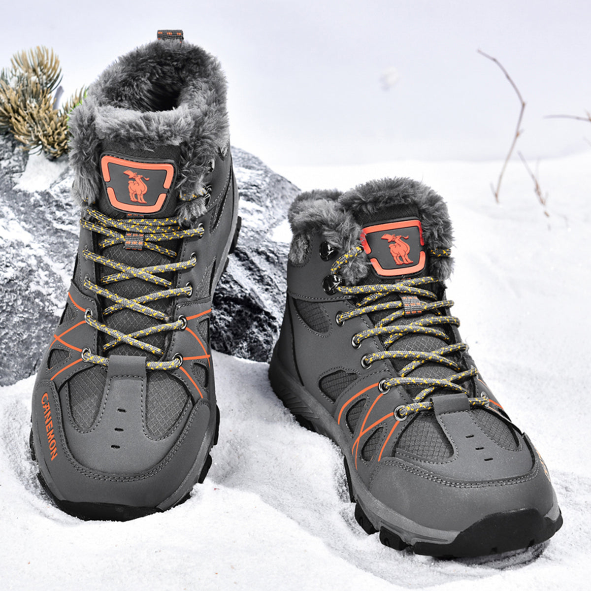 CANEMON 935 gray fleece-lined lace-up ankle boots - pair view