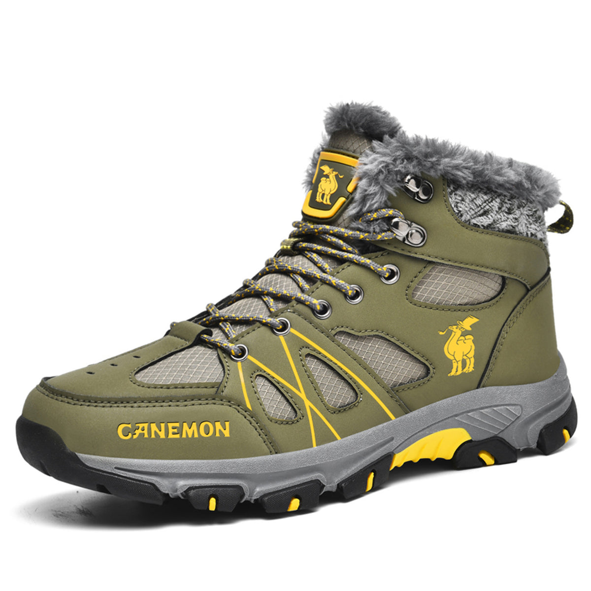 CANEMON 935 olive fleece-lined lace-up ankle boots - angle view