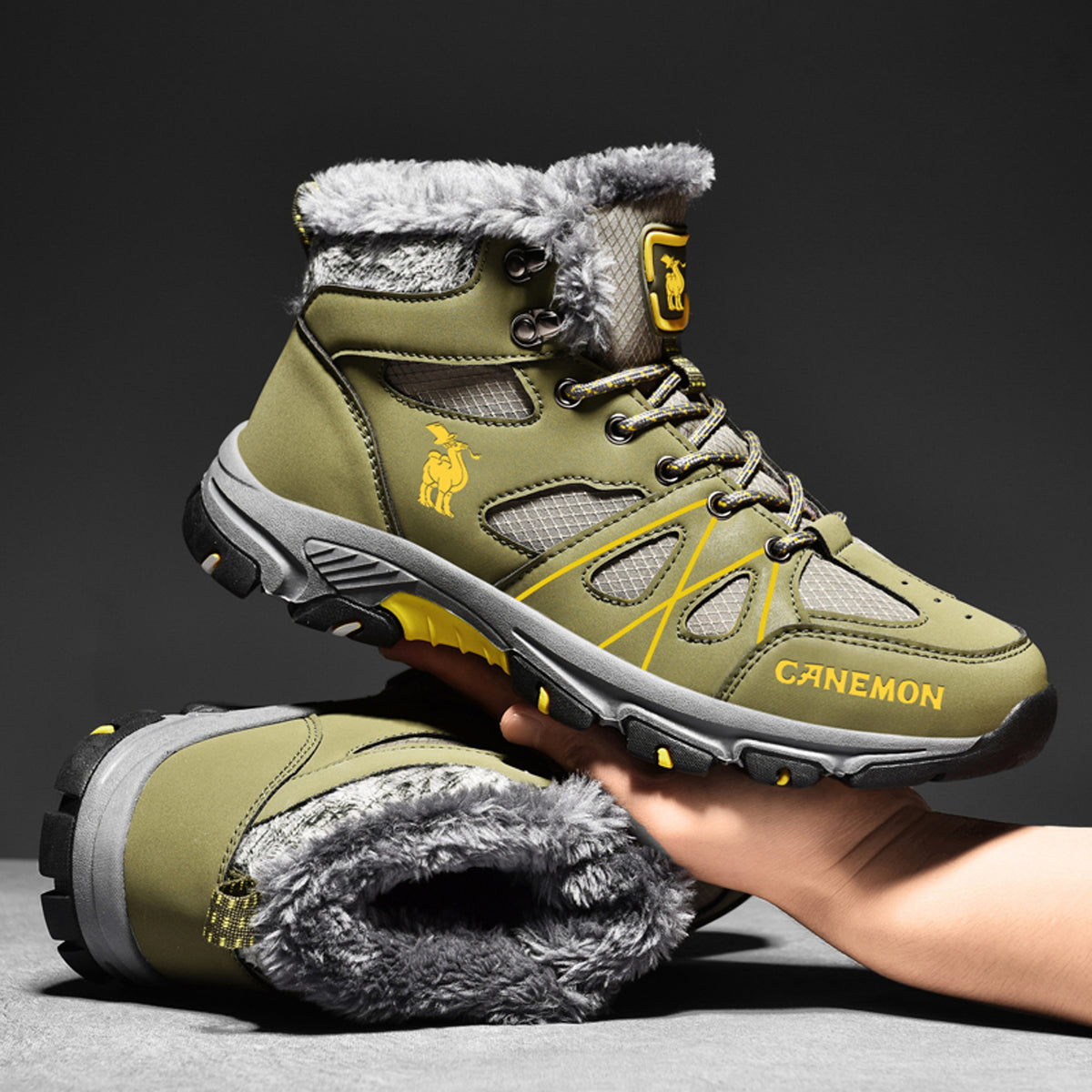 CANEMON 935 olive fleece-lined lace-up ankle boots - lining view