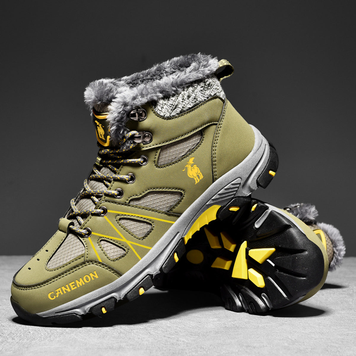 CANEMON 935 olive fleece-lined lace-up ankle boots - outsole view