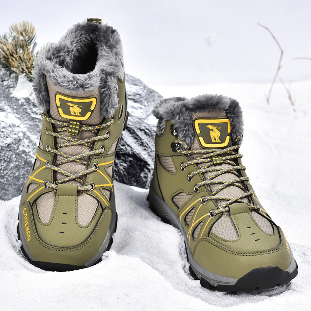 CANEMON 935 olive fleece-lined lace-up ankle boots - pair view
