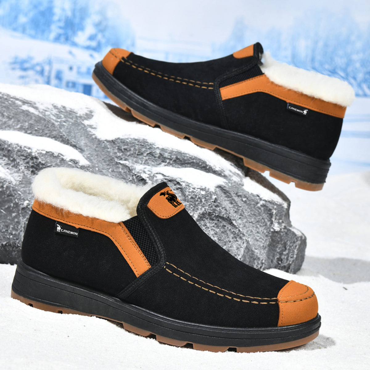 CANEMON LY2526 black fleece-lined slip-on shoes - pair view
