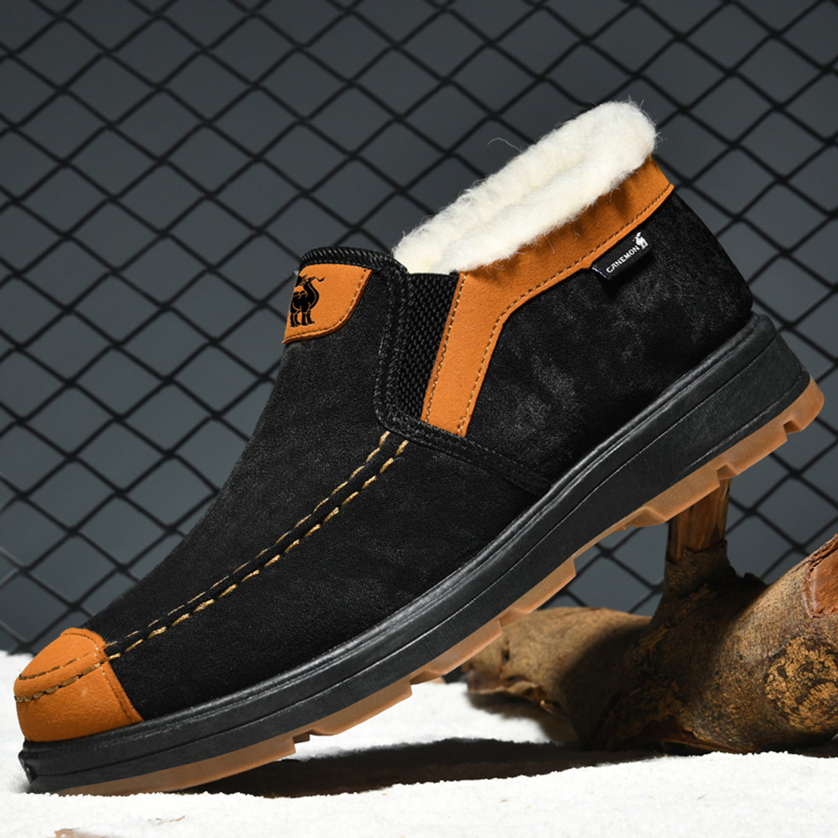 CANEMON LY2526 black fleece-lined slip-on shoes - side view