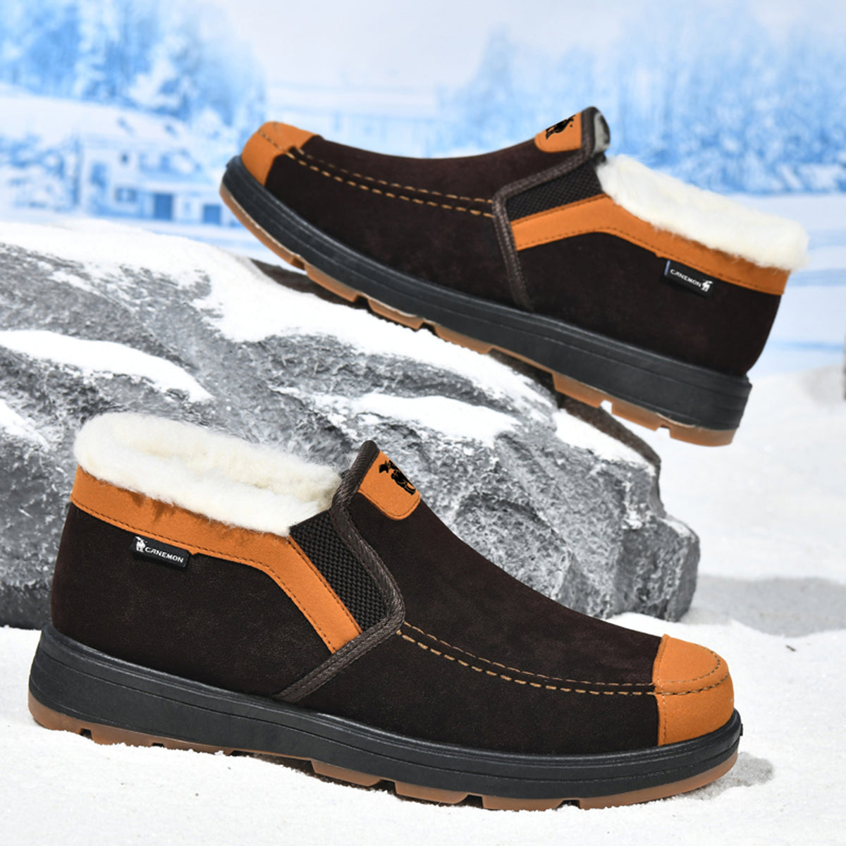 CANEMON LY2526 brown fleece-lined slip-on shoes - pair view