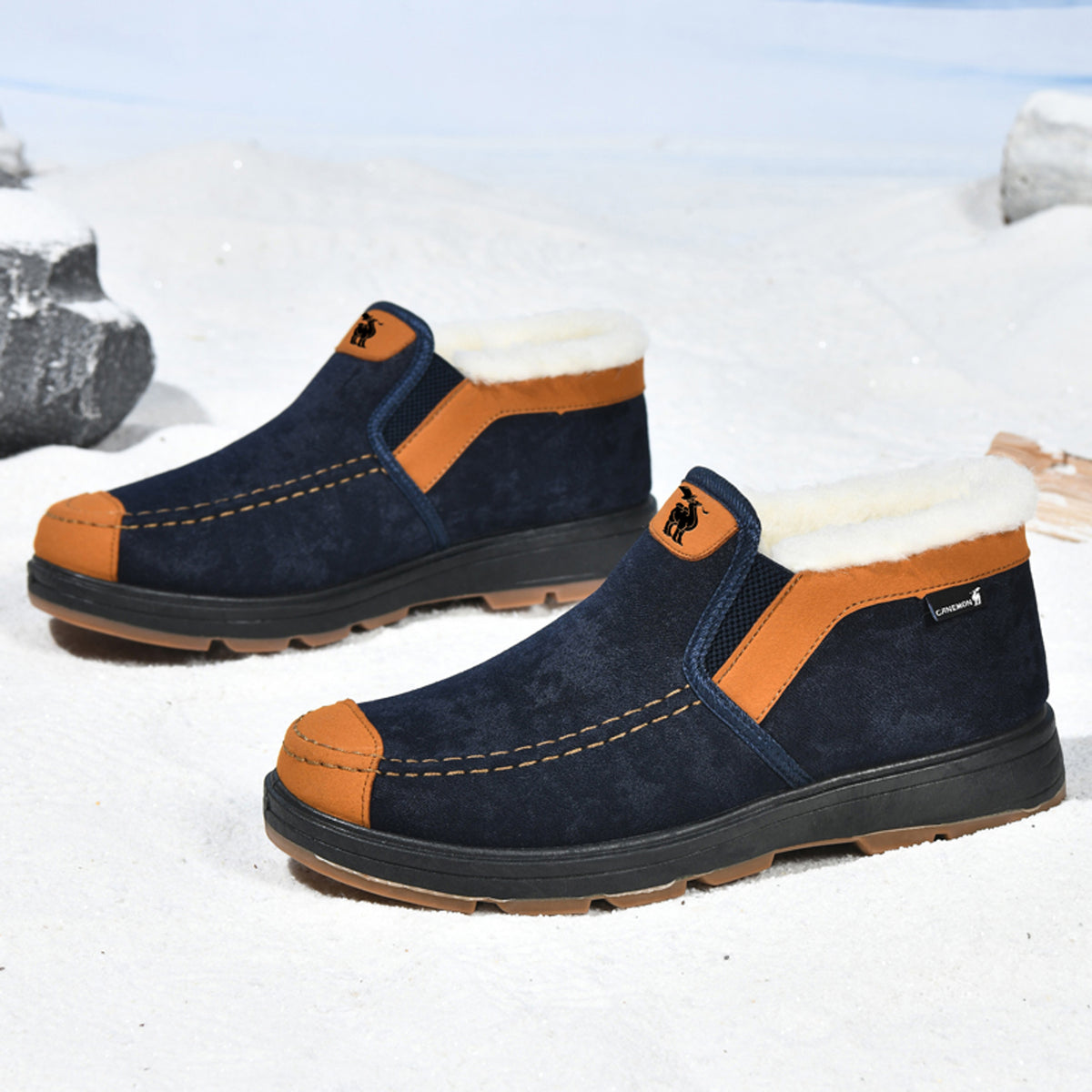 CANEMON LY2526 navy fleece-lined slip-on shoes - angle view