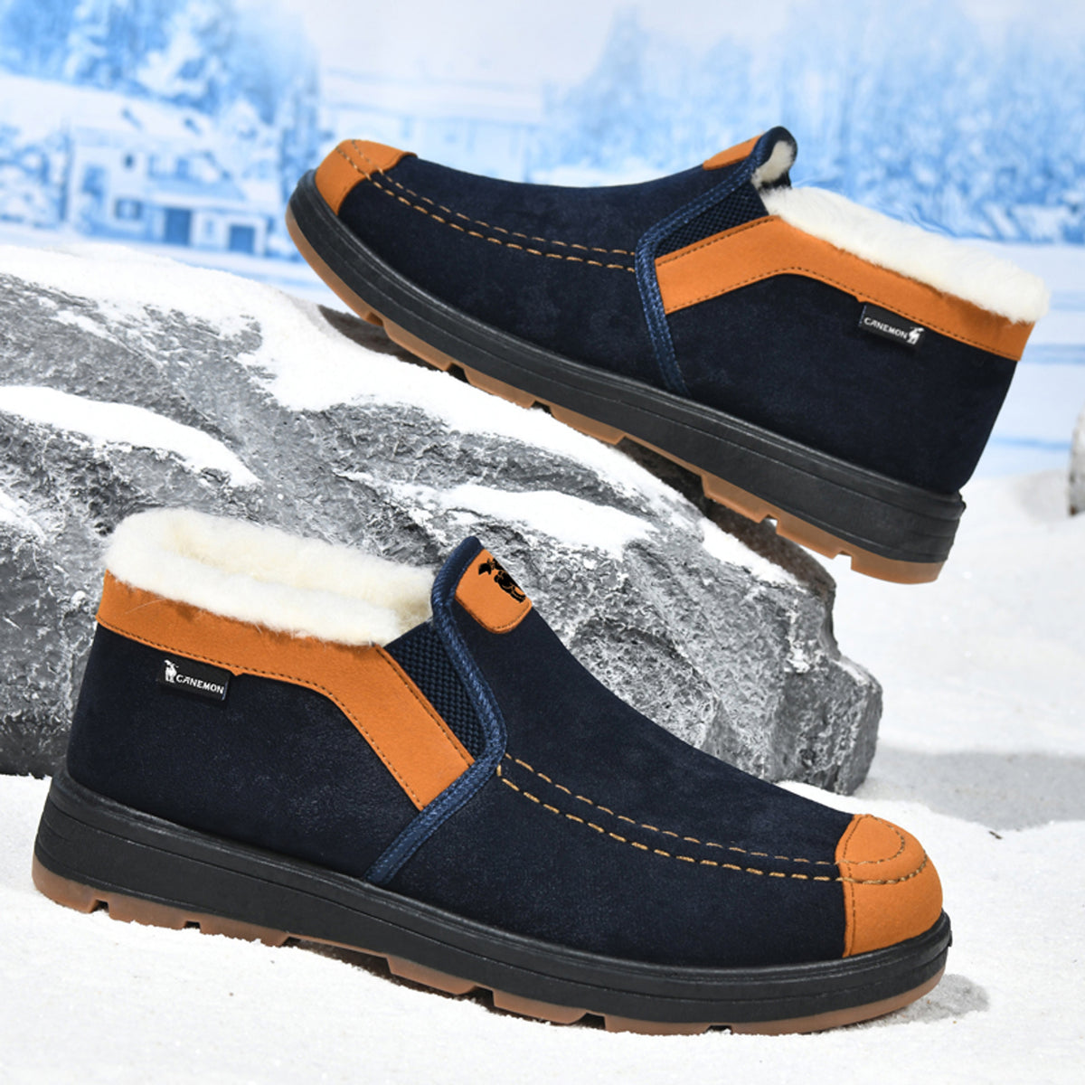 CANEMON LY2526 navy fleece-lined slip-on shoes - pair view