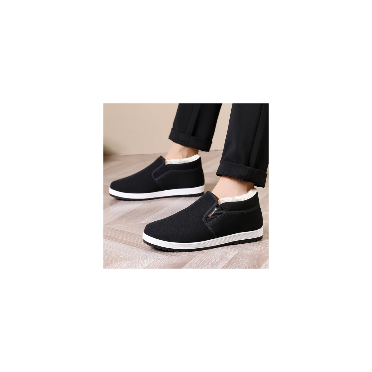 CANEMON LY2527 black men's fleece-lined winter slip-on shoe view 6