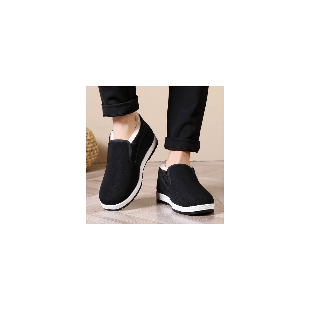 CANEMON LY2527 black men's fleece-lined winter slip-on shoe view 7
