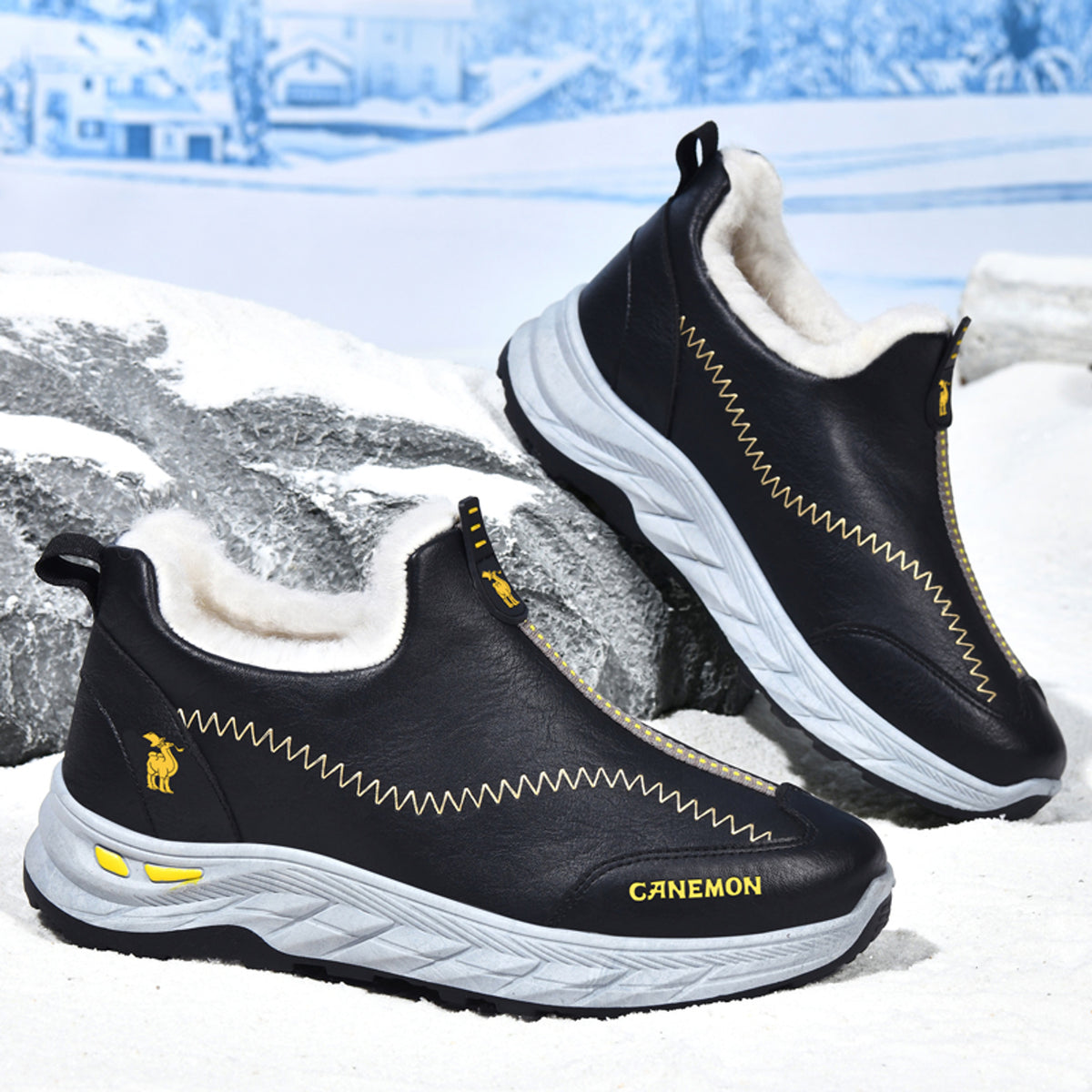 CANEMON LY2528 Black fleece-lined slip-on shoes - angle view