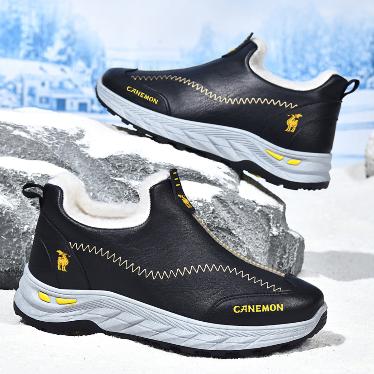 CANEMON LY2528 Black fleece-lined slip-on shoes - pair view