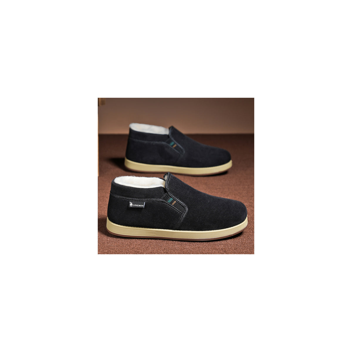 CANEMON LY2530 black 01 men's fleece-lined winter slip-on shoe