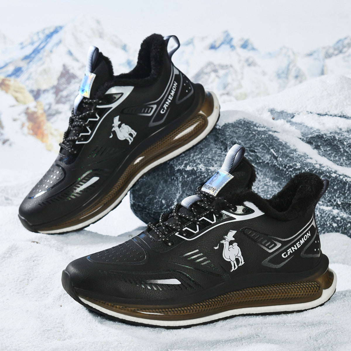 CANEMON Men's Fleece-Lined Winter Walking Shoes QZ6777 in Black, view 3