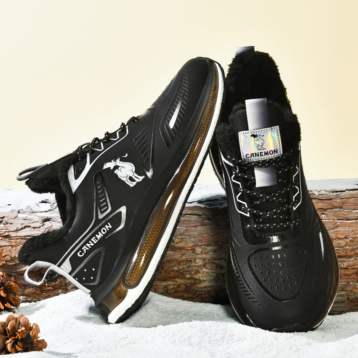 CANEMON Men's Fleece-Lined Winter Walking Shoes QZ6777 in Black, view 4
