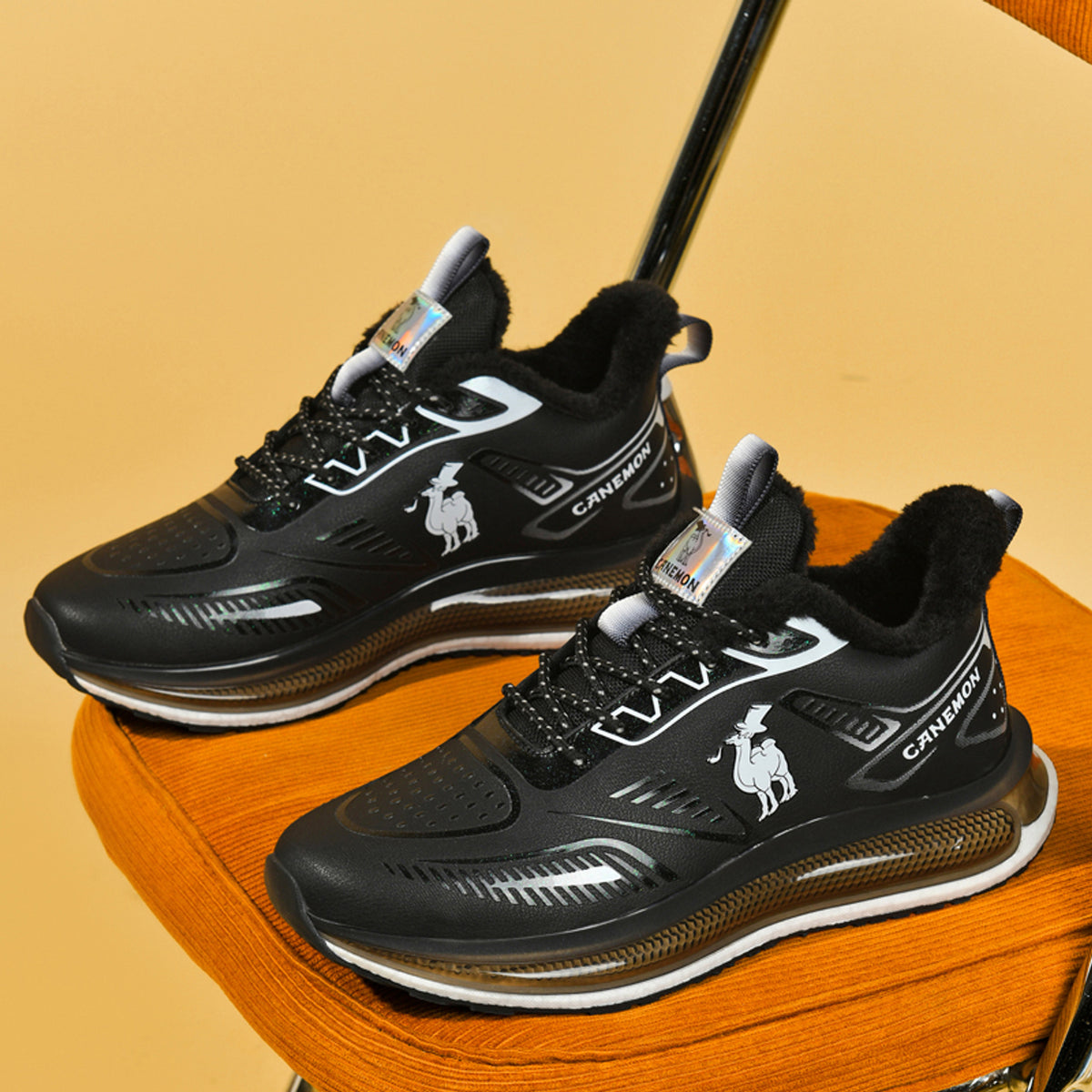 CANEMON Men's Fleece-Lined Winter Walking Shoes QZ6777 in Black, view 5