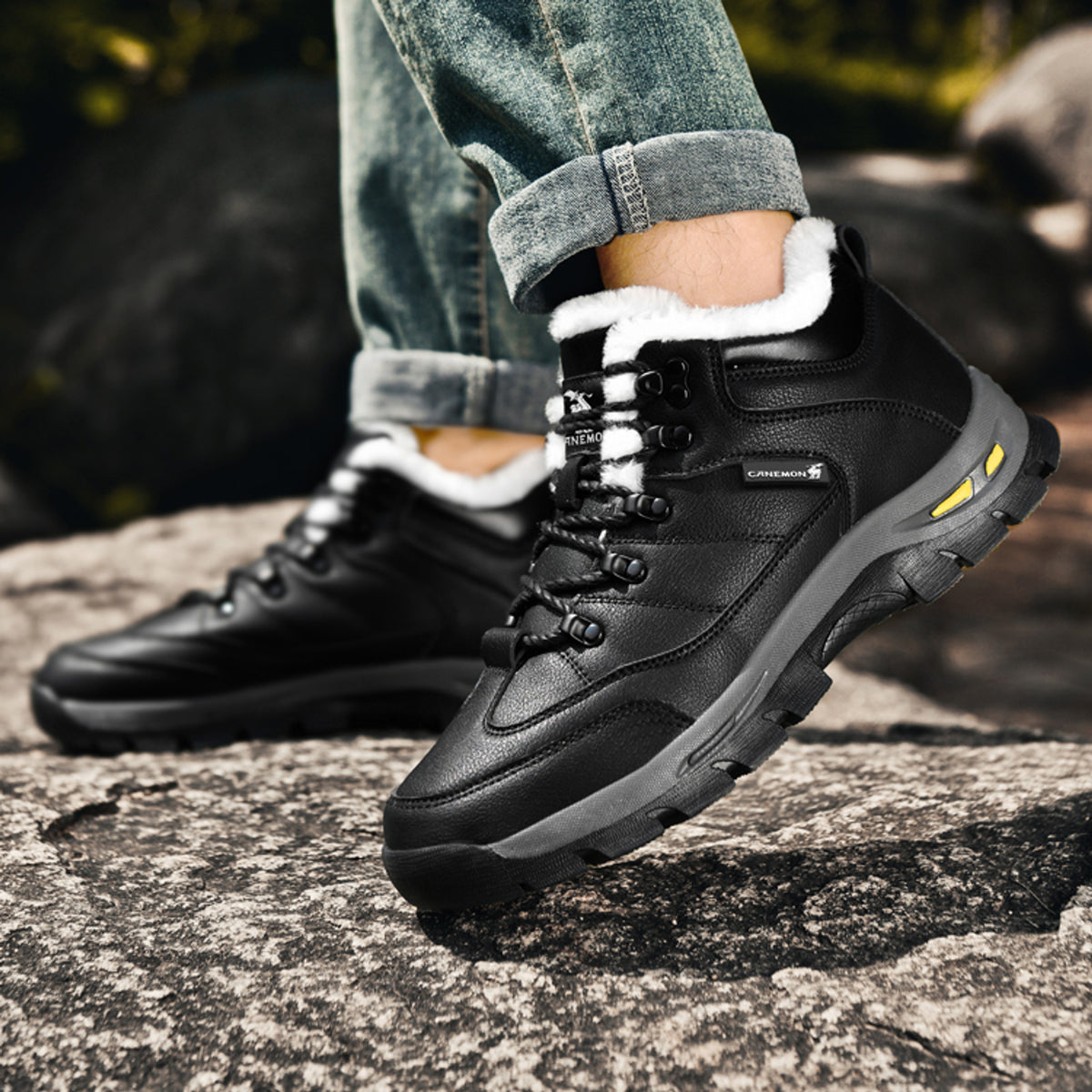 CANEMON Men's Fleece-Lined Winter Walking Shoes QZ916 in Black, view 8
