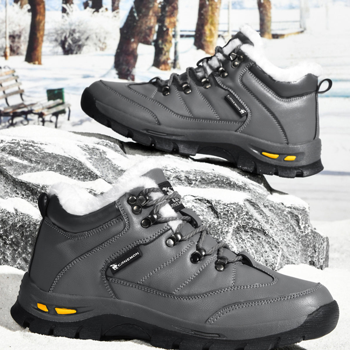 CANEMON Men's Fleece-Lined Winter Walking Shoes QZ916 in Grey, view 14