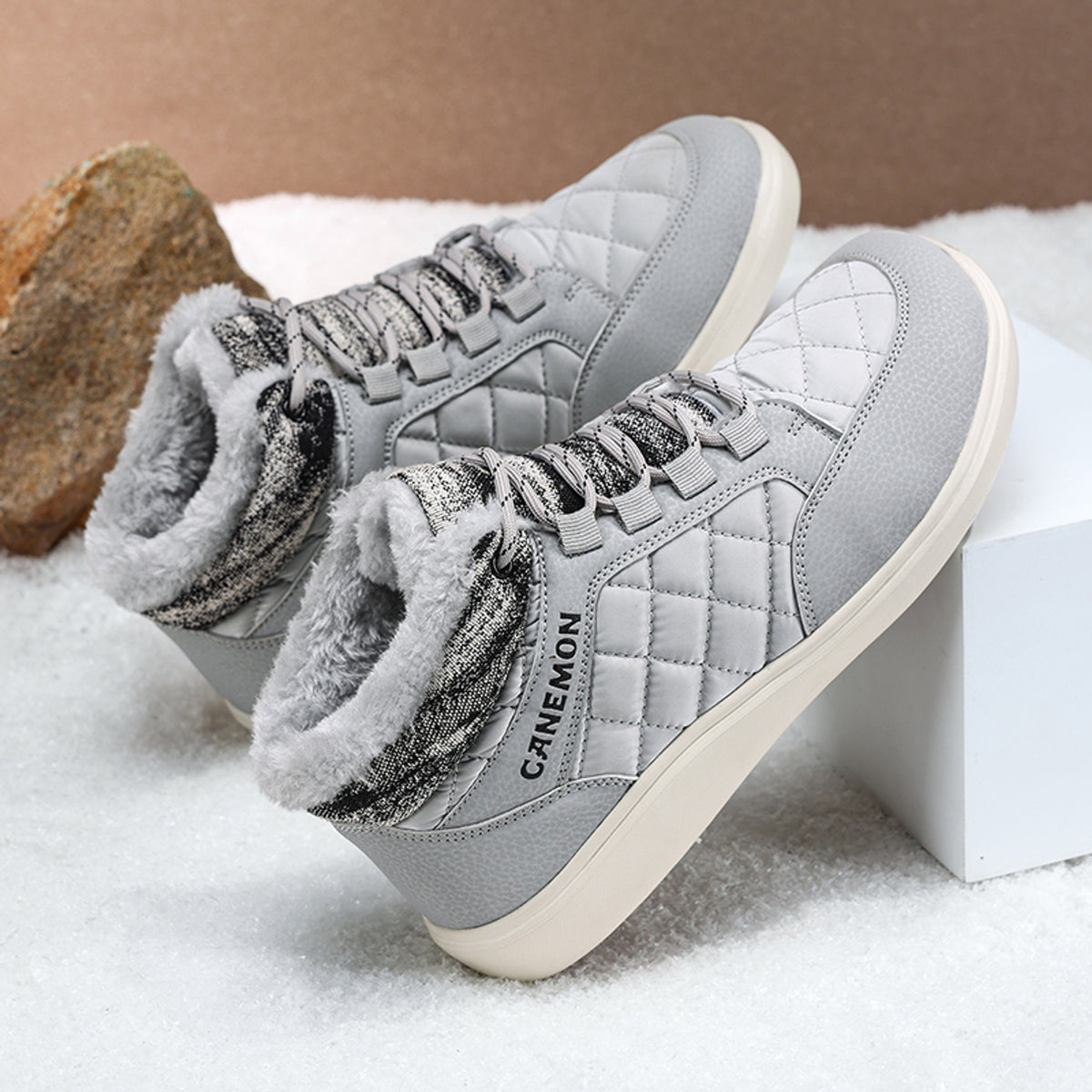CANEMON Men's Plush-Lined High-Top Winter Shoes QZ9936 in Grey, view 15
