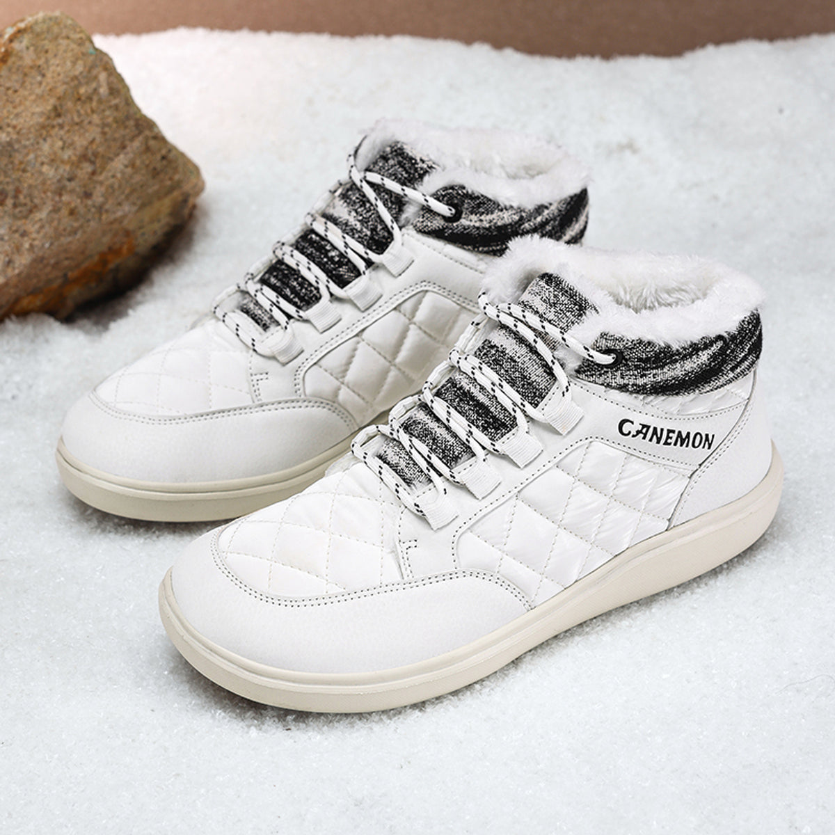CANEMON Men's Plush-Lined High-Top Winter Shoes QZ9936 in White, view 2