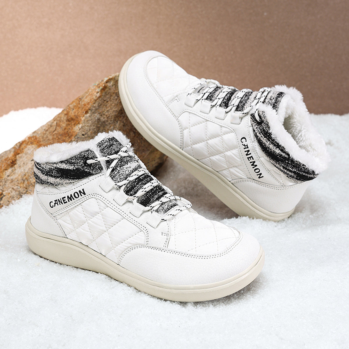 CANEMON Men's Plush-Lined High-Top Winter Shoes QZ9936 in White, view 3