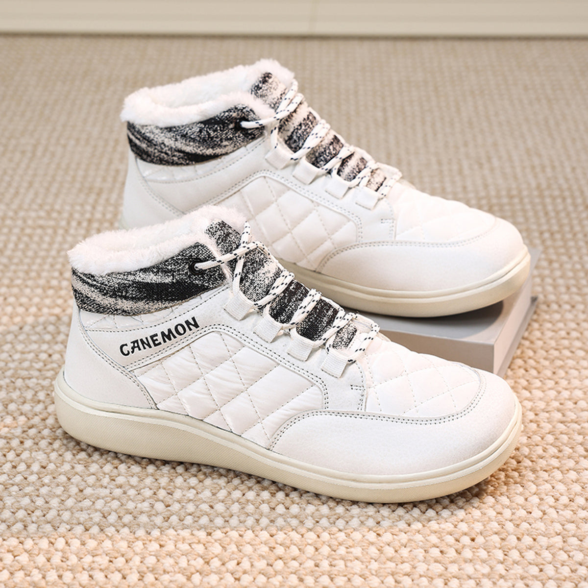 CANEMON Men's Plush-Lined High-Top Winter Shoes QZ9936 in White, view 4
