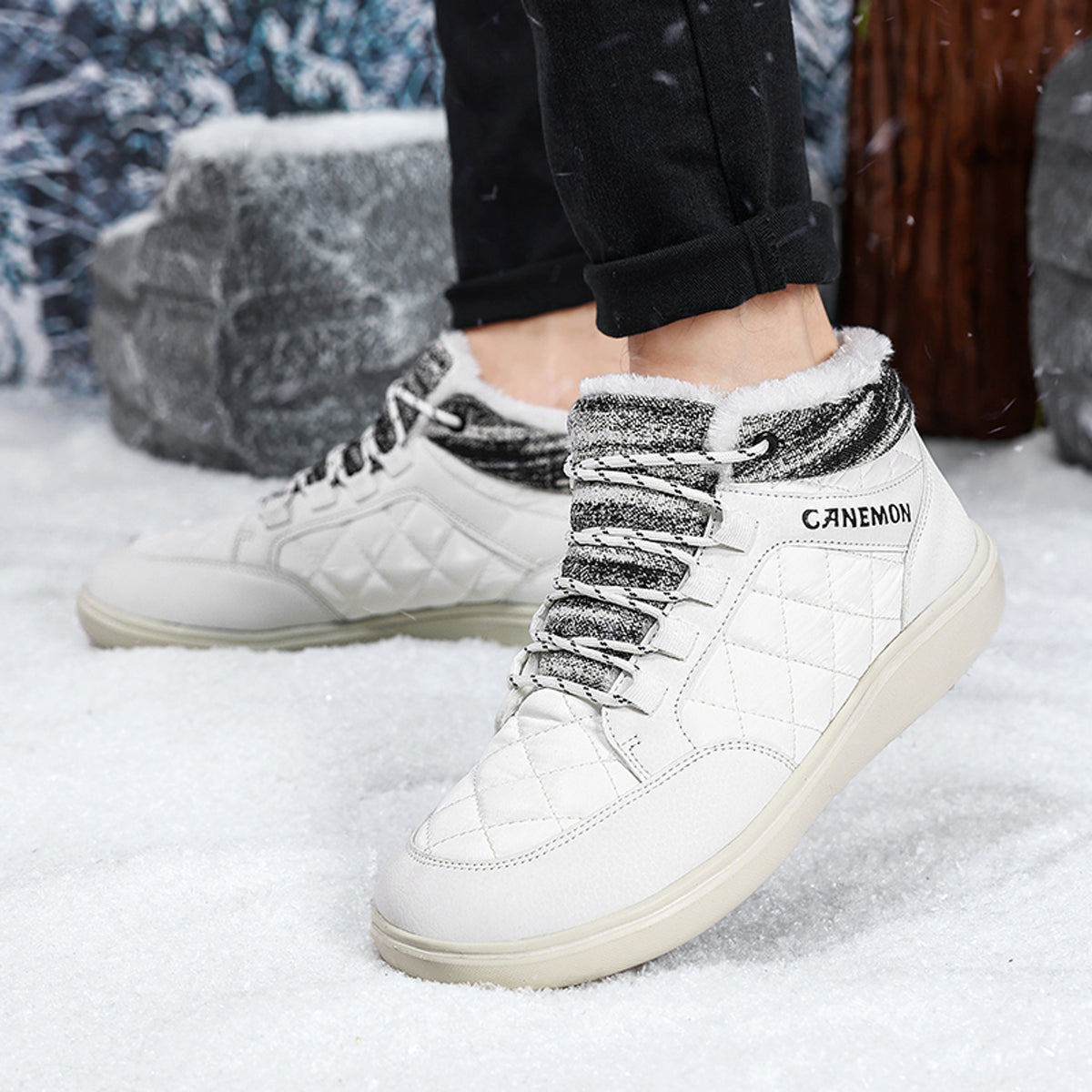 CANEMON Men's Plush-Lined High-Top Winter Shoes QZ9936 in White, view 5