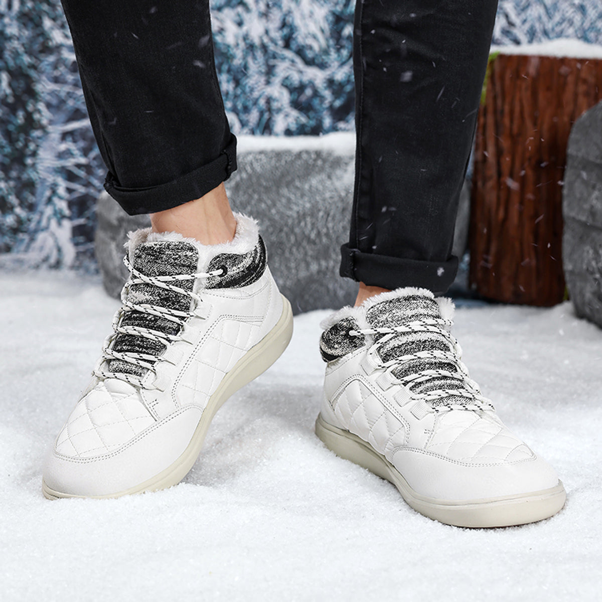 CANEMON Men's Plush-Lined High-Top Winter Shoes QZ9936 in White, view 6