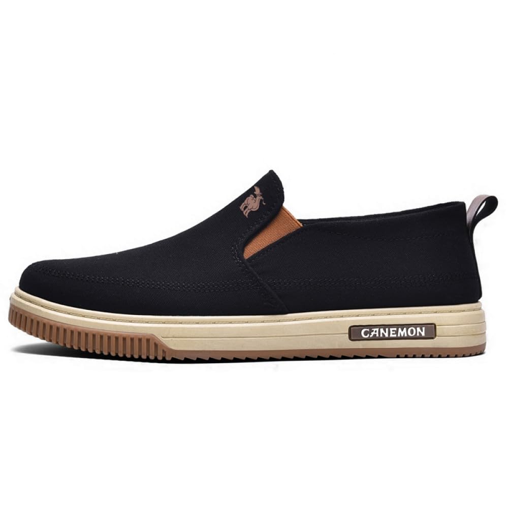 CANEMON LY553 black canvas slip-on shoe, side view on white