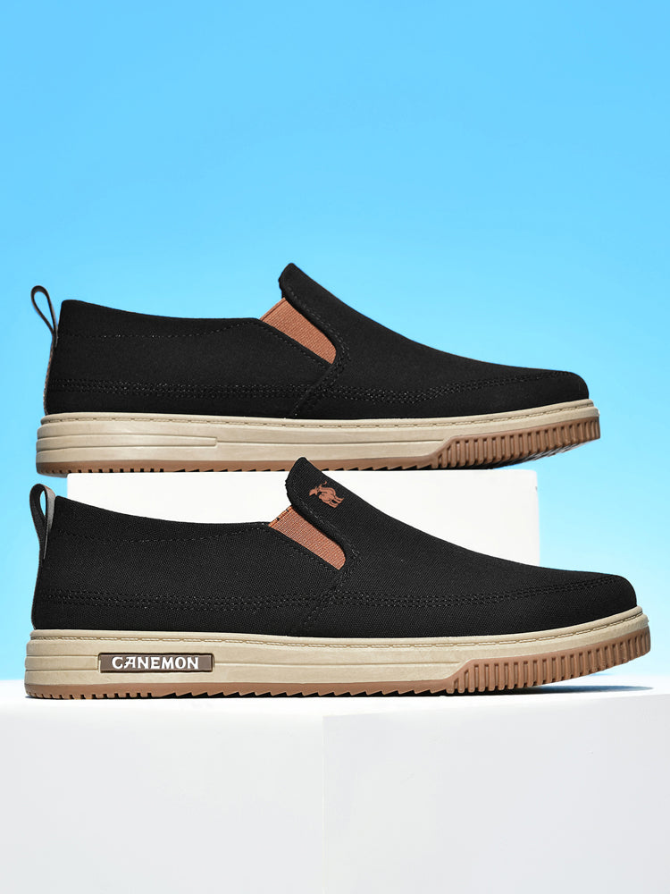 CANEMON LY553 black canvas slip-on shoes pair showing both sides