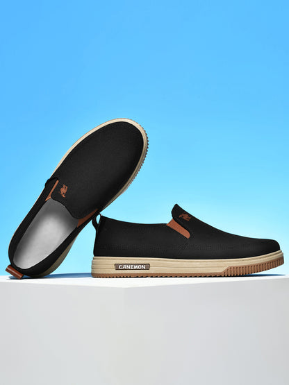 CANEMON LY553 black canvas slip-on shoes showing the shoe opening and upper