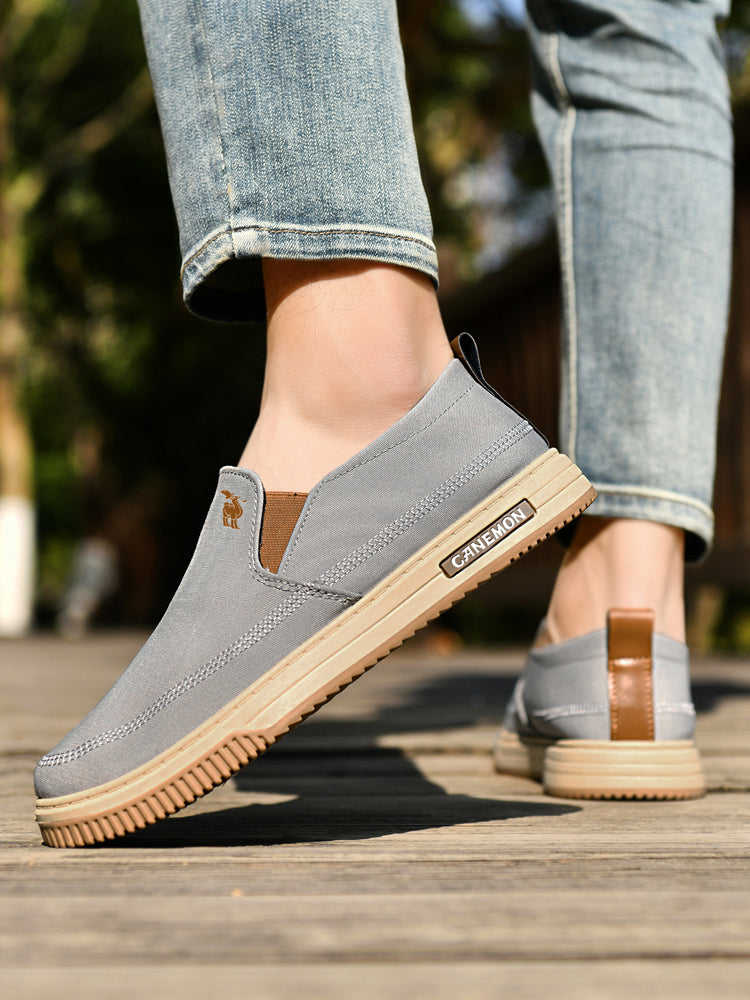 CANEMON LY553 grey canvas slip-on shoes close-up on-foot view